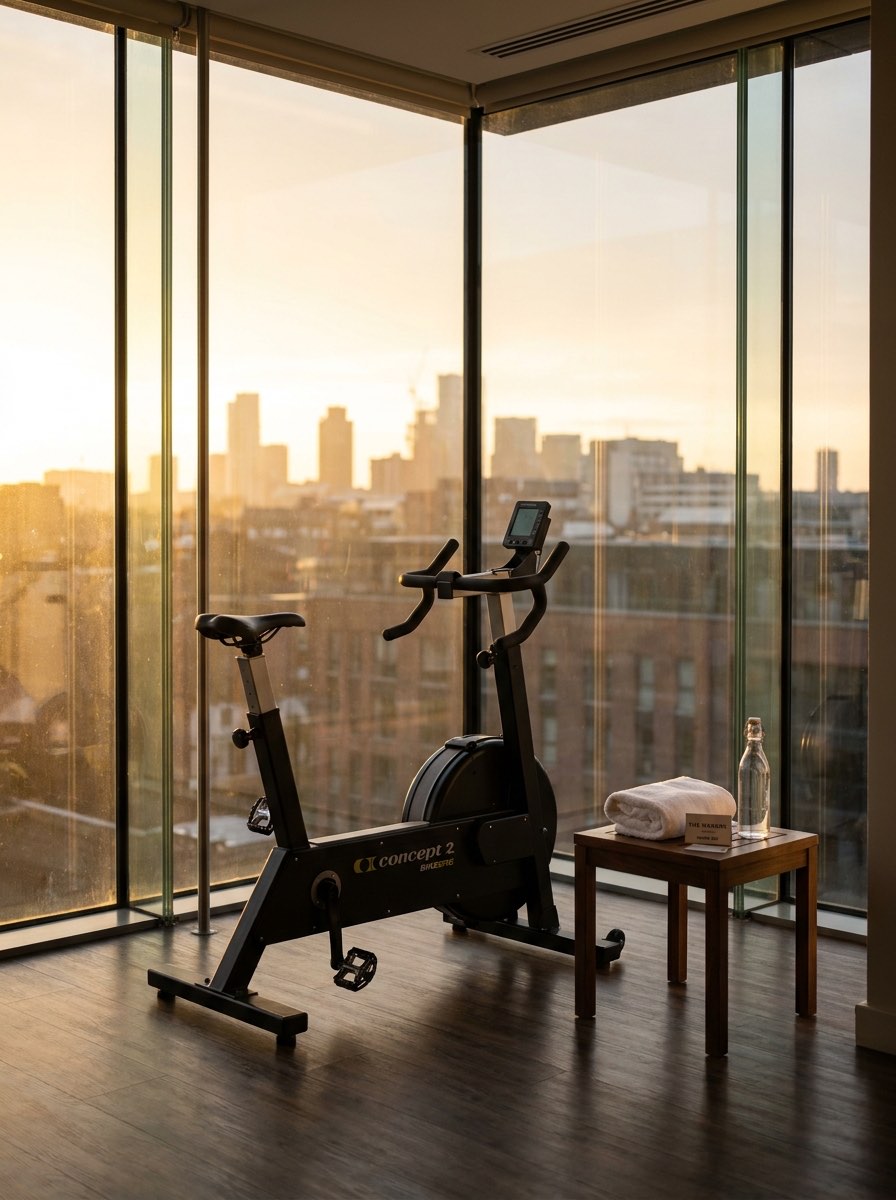 A Concept2 BikeErg by a floor-to-ceiling window with a city skyline at sunset