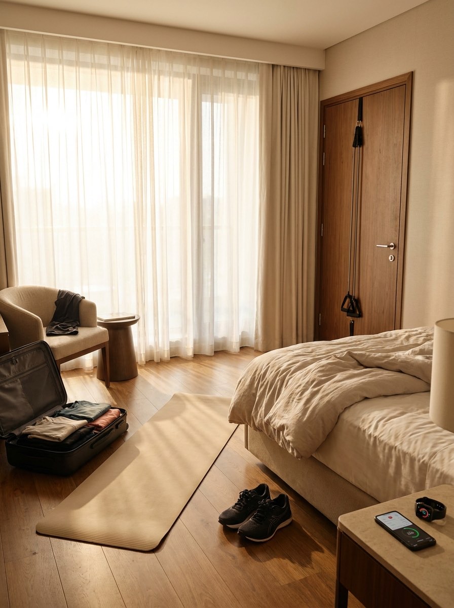 A sunlit hotel room set up for a workout with a mat, resistance bands and running shoes