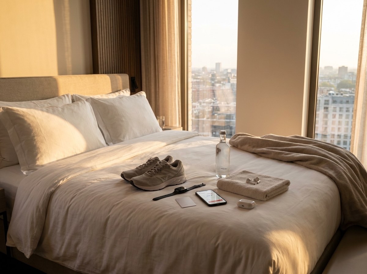 A hotel bed with running shoes, a phone showing a workout, a watch and earbuds laid out