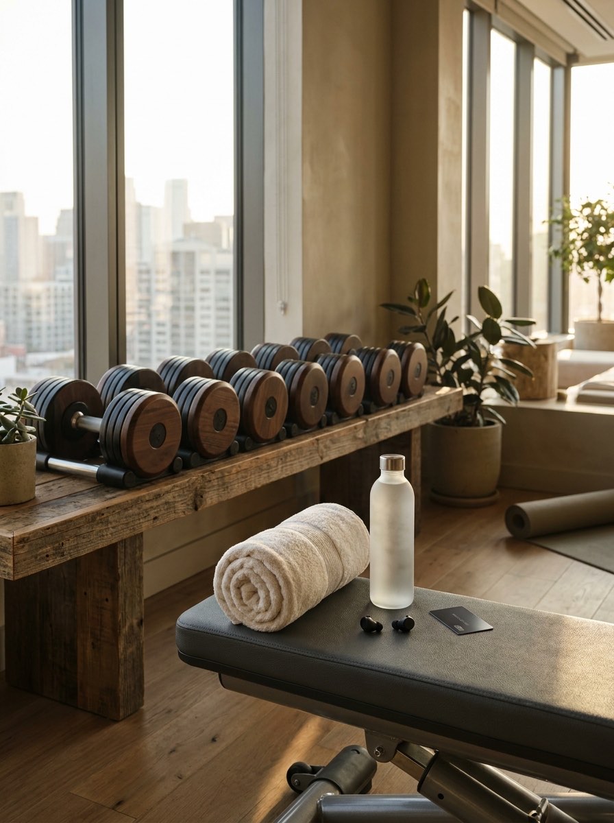 Wooden dumbbells on a bench by a window in a light-filled hotel gym